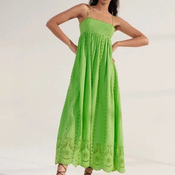 Zara Dresses & Skirts - ZARA Lime Green Eyelet Cutwork Embroidery Maxi Dress